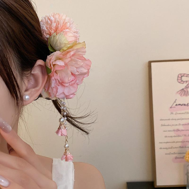 Bohemian Artificial Peony Flower Hair Clips Women French Imitation Pearl Long Chain Tassel Hair Accessories Vacation Party K1