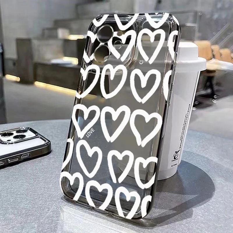 Cute Cartoon Love Heart Phone Case For iPhone 16 17 Air Pro Max 14 12 13 11 15 Case Mini 7 8 Plus Transparent Soft Cover