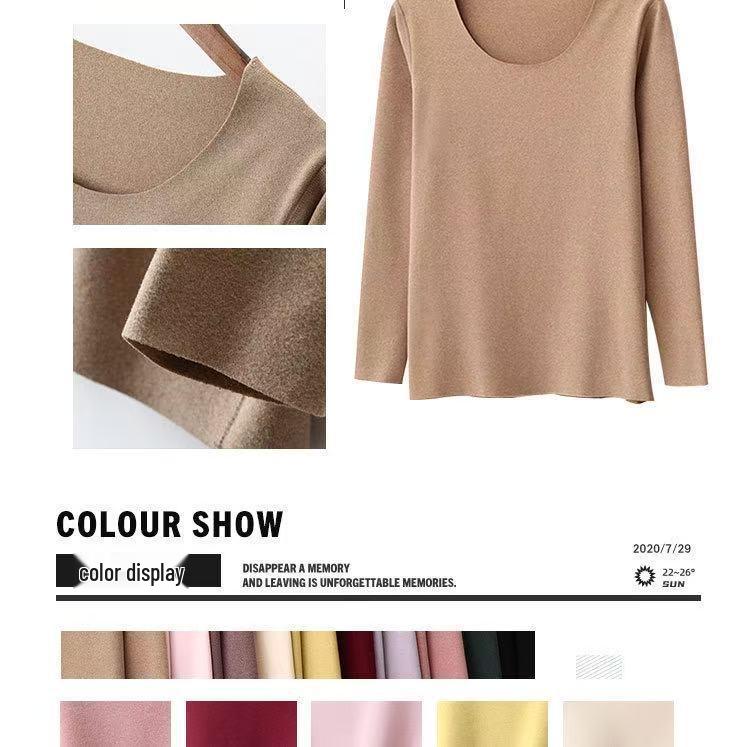 Women's Double-Sided German Velvet Crew Neck Long Sleeve Thermal Top, 2025 Autumn/Winter, Slim Fit, Solid Color