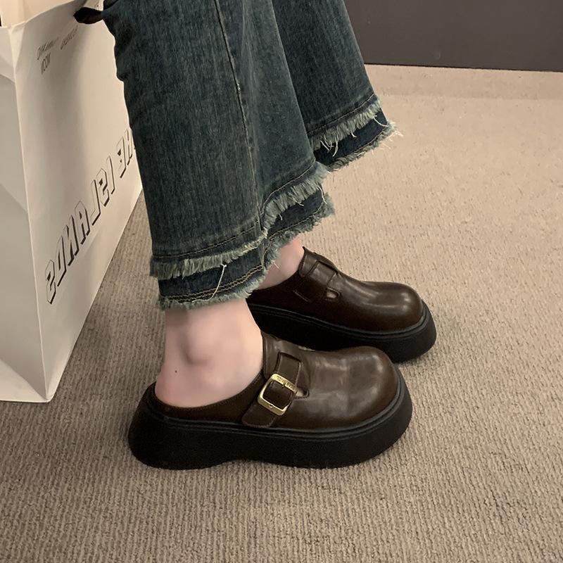 Leather Bag Head Half Slippers Women's Outer Wear Autumn New Muffin Platform Shoes Casual Skirt Single Shoes
