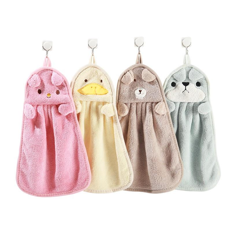 Hangable Coral Fleece Hand Towel Cartoon Animal Hand Towel Kitchen Bathroom Absorbent Towel Handkerchiefs