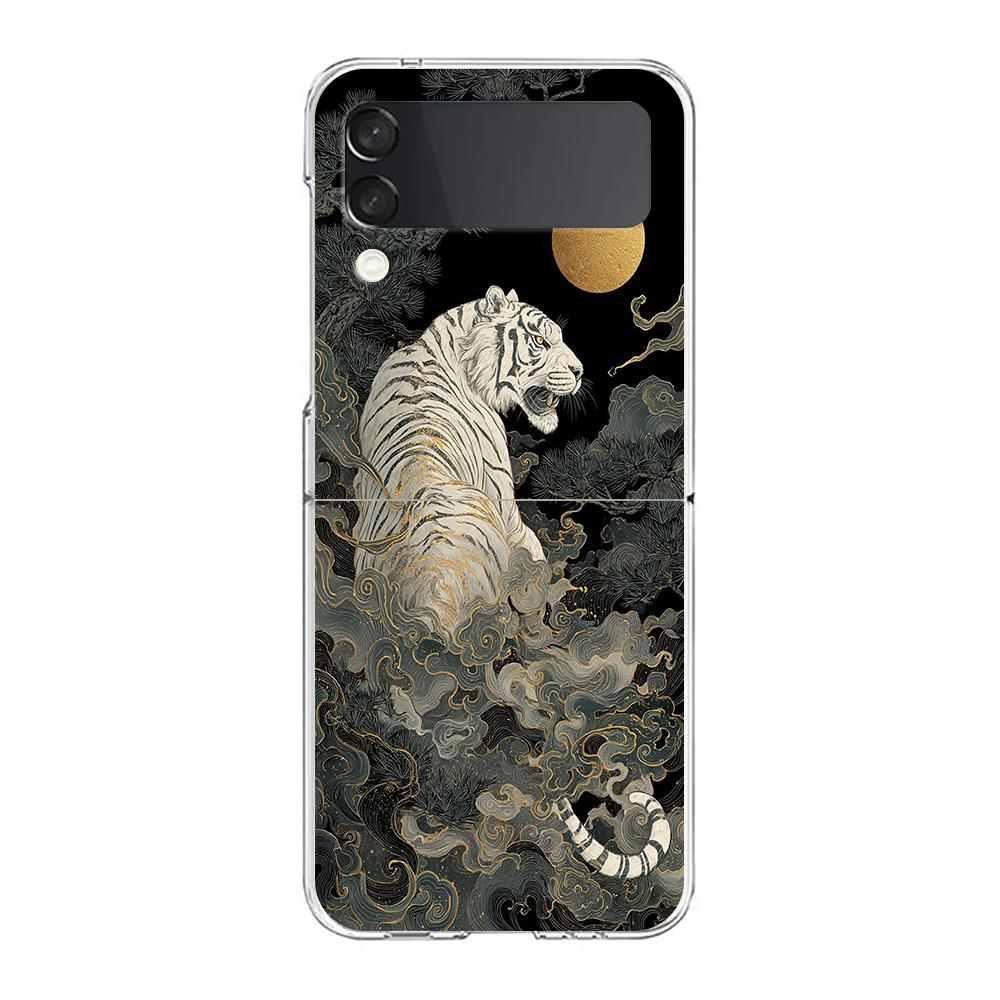 Transparent Phone Case For Samsung Galaxy Z Flip 3 4 5 6 7 Hard Folding PC Z Flip3 Flip4 Cover Cool Animal Tiger Lion