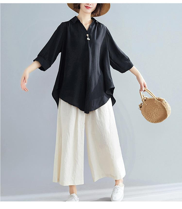 

Летняя женская хлопковая льняная однотонная свободная утягивающая рубашка с нестандартным V-образным вырезом M чёрный