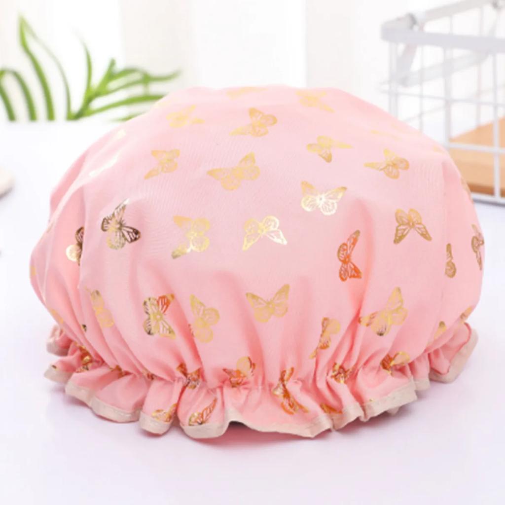 Double Shower Cap Waterproof Hair Cap Gold Printed Terylene Cotton Shower Cap Bathing Women