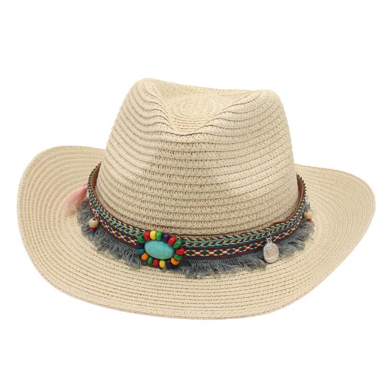 

American Hot-Selling Straw Hat Turquoise Tibetan Tibetan Fringed Western Cowboy Ethnic Style Hat Warped Edge Performance Top Hat one size fits all