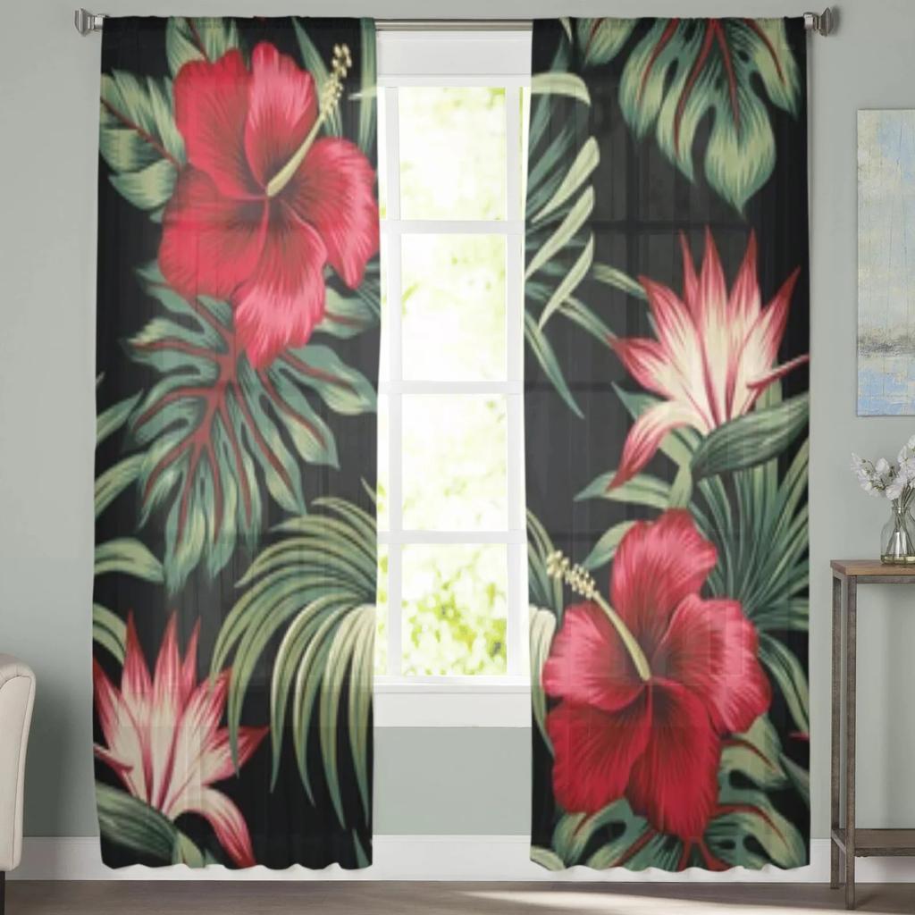 Tropical Vintage Hibiscus Floral Sheer Window Curtains For Living Room Bedroom Voile Tulle Curtains Fabric Drapes For Kitchen