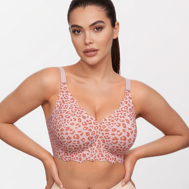 Leopard Print Bra Large Size Underwear Women's Jelly Glue Thin Seamless Steel Rim Bra