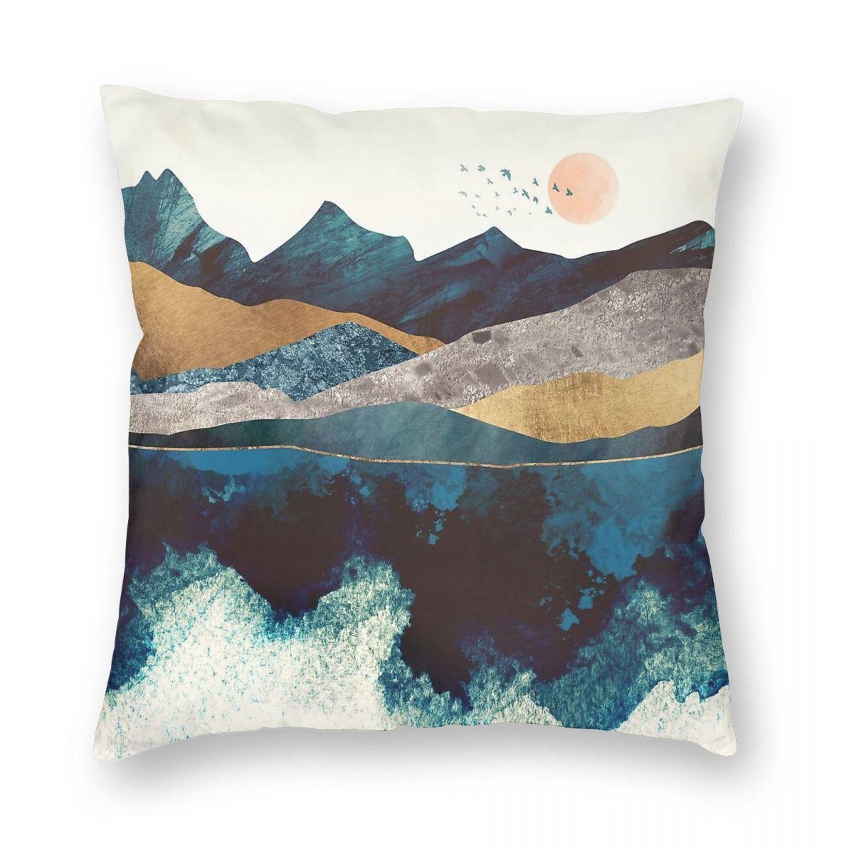Blue Mountain Reflection Square Pillowcase Polyester Linen Velvet Pattern Zip Decor Sofa Cushion Cover x 30x30cm