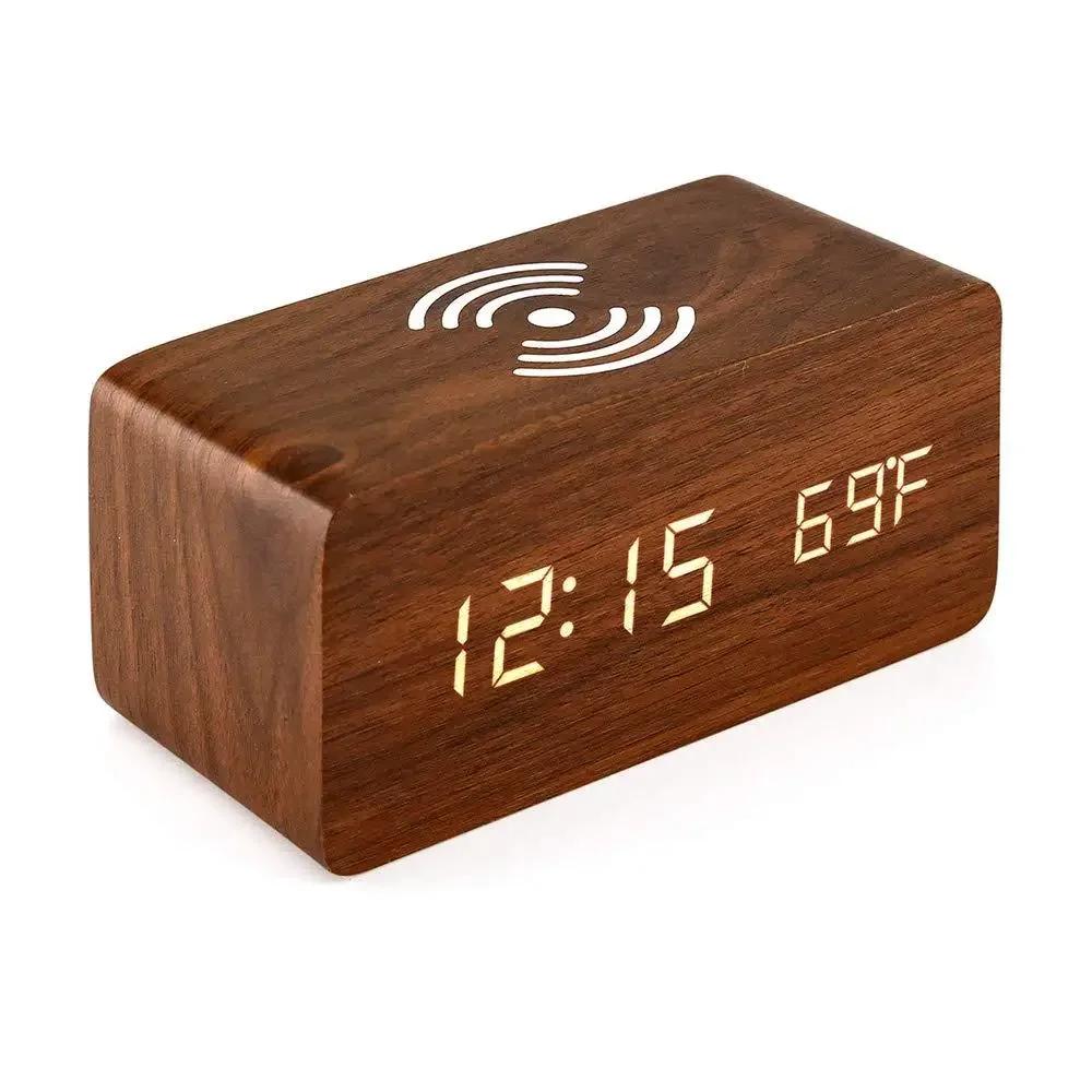 Alarm Clock LED Digital Wooden USB/AAA Powered Table Watch with Temperature Humidity Wireless Charging Electronic Desk Clocks