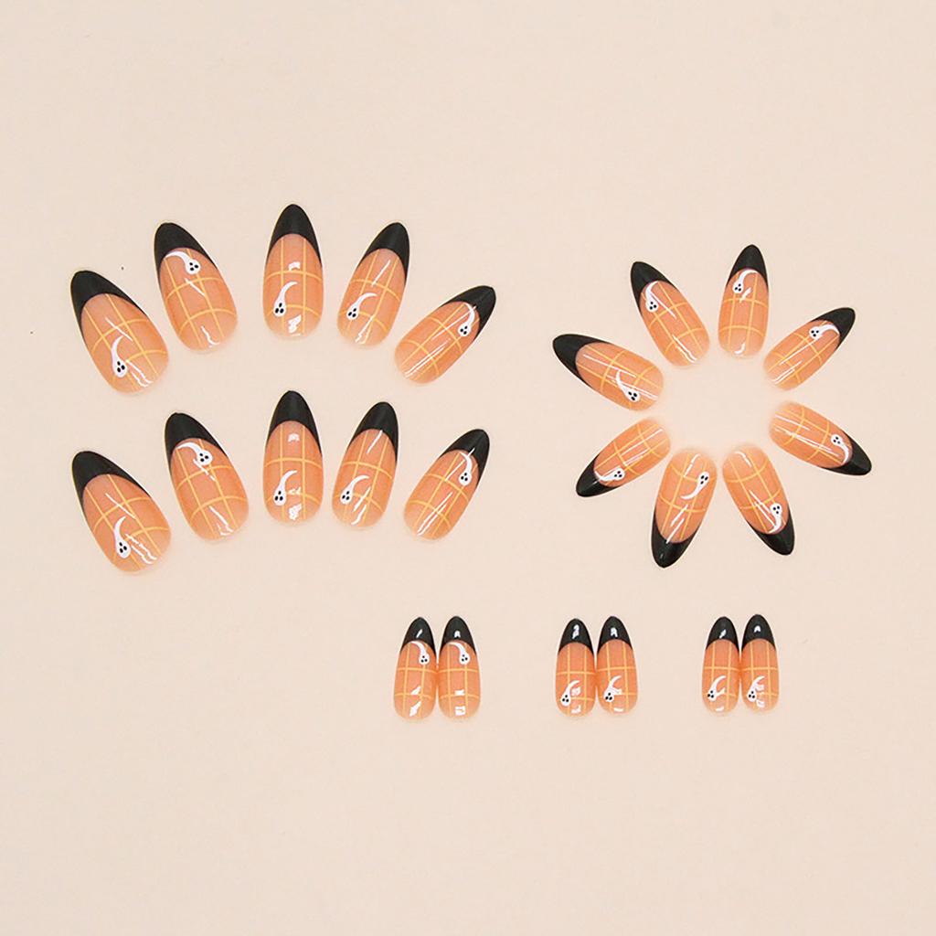 Black Round Tip Decor Almond False Manicure Lightweight and Easy to Stick Fake Nail for Daily and Parties Wearing