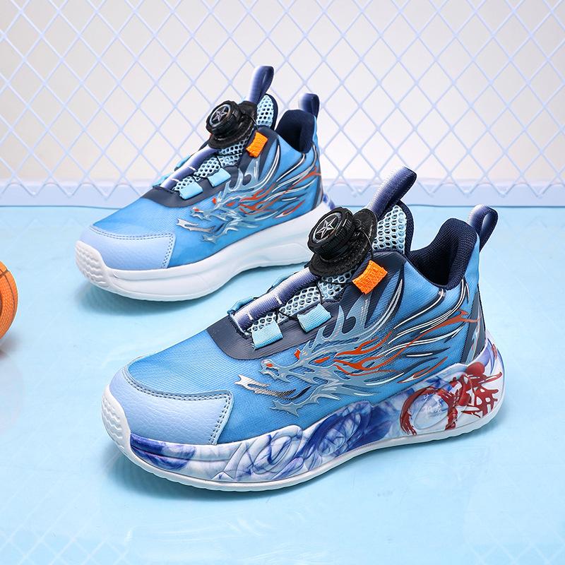 Spring and Summer Ice Silk Mesh Children's Basketball Shoes Sports Shoes Rotating Buckle Light Boys Running Shoes Primary School Students Graffiti Sho