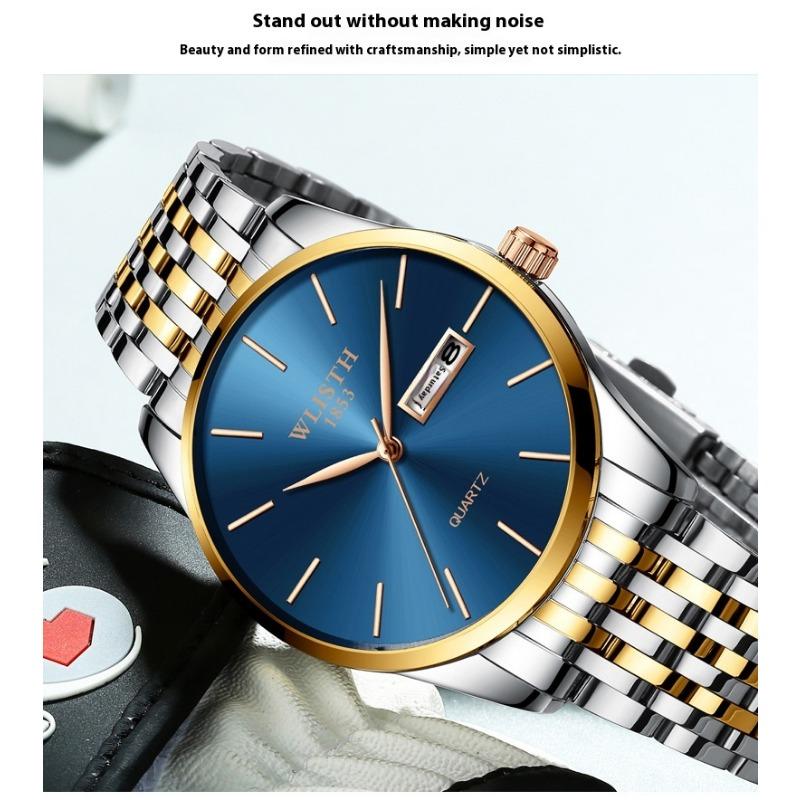 Top Brand Waterproof Quartz Double Calendar Fashion Steel Band Business Men's Wristwatch