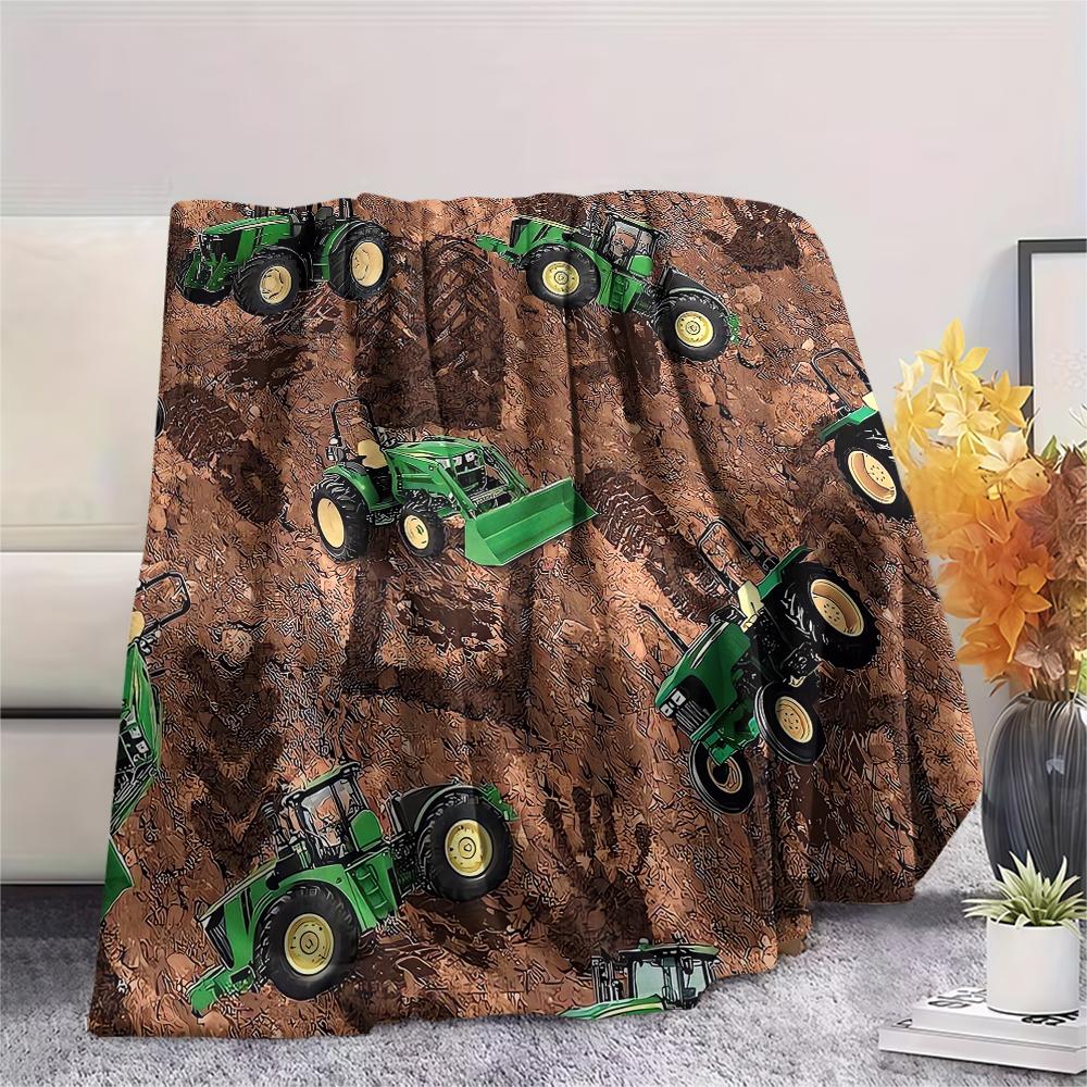 1Pc John Green Tractor Print Flannel Blanket, High Quality Comfortable for All Seasons, Home Decor, Warmth and Comfort, Perfect for Christmas Gifts
