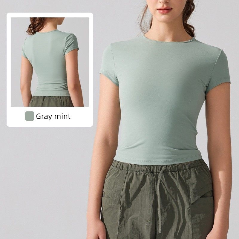 

Новая одежда для йоги с эффектом «обнажённой кожи», женская летняя футболка для бега и спорта с коротким рукавом, утягивающая, высококачественная, быстросохнущая, для тренировок и фитнеса Gray mint S