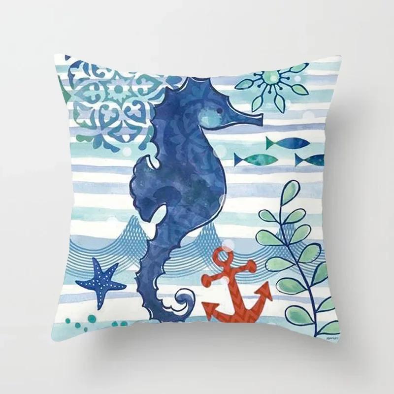 45X45CM Retro Mediterraner Ozean Druck Blau Grün Kissenbezug Heiß Meerjungfrau Fisch Kissenbezug Sofa Sitz Wohnzimmer Dekokissen