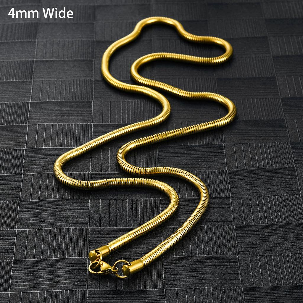 Classic Round Snake Bone Chain Stainless Steel Rolo Necklace for Women and Men Silver and Gold Color Plated Choker Metal Jewelry