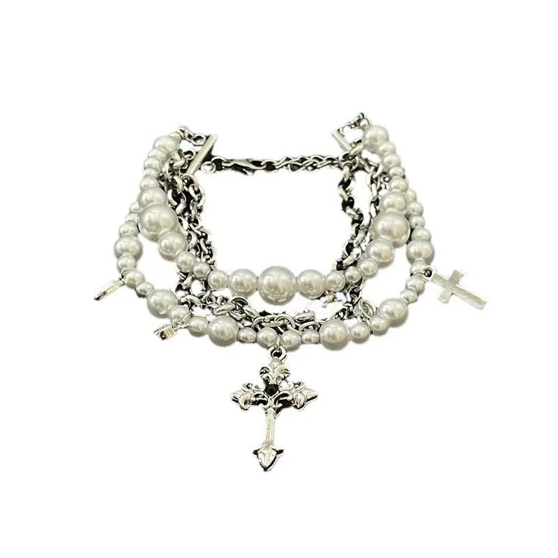 Multi-layer pearl cross bracelet light luxury niche exquisite fashion trend autumn new accessories bracelet