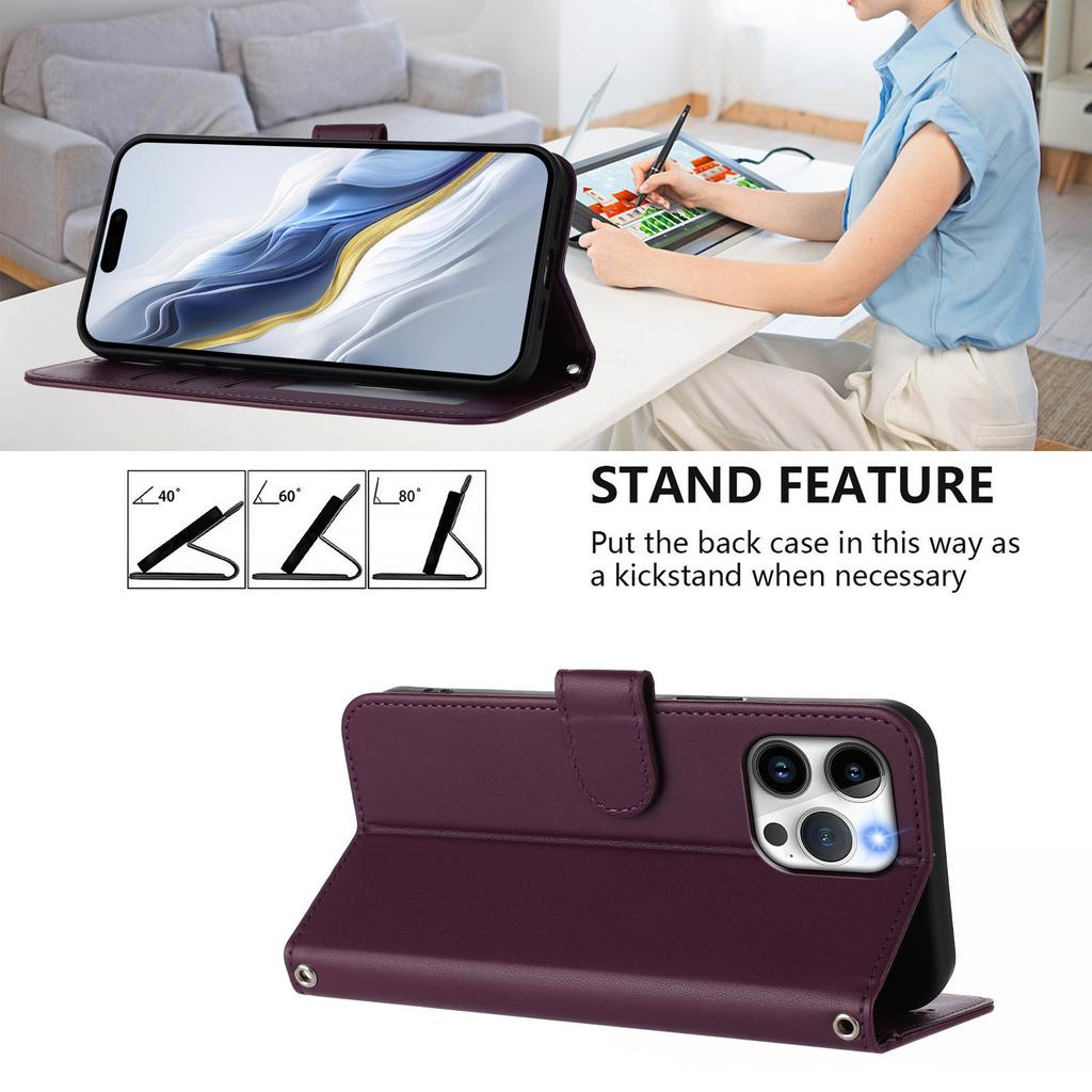For iPhone 15 Pro Max Leather Case Wallet Stand Phone Cover with Wrist Strap
