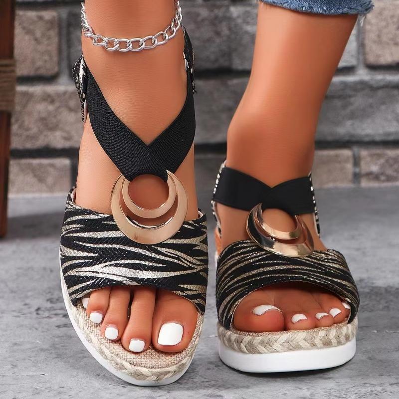 Women's Summer Wedge Sandals Elastic Strap Metal Decoration One Kick Women Sandalias Outdoor Daily Commute Sandalias De Mujer