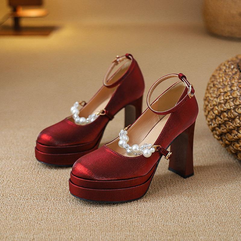 

Xiuhe wedding shoes retro women s New Year shoes platform pearl Mary Jane high heels 2025 34 бордовый