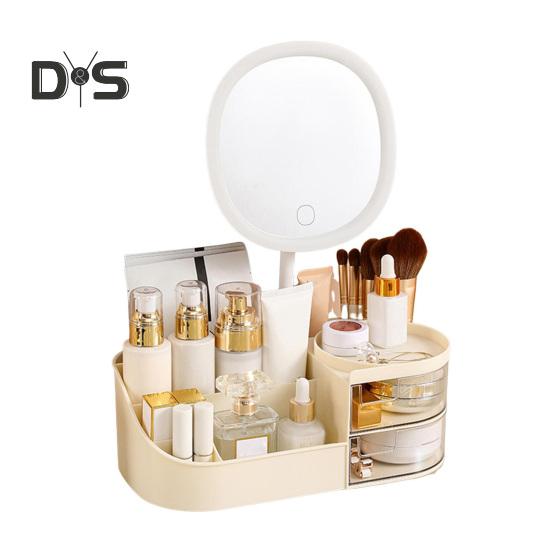 Boîte de rangement de maquillage avec miroir LED, grande capacité, compartiments multiples, boîte de rangement pour pinceaux de maquillage, organisateur de comptoir