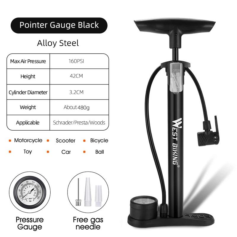 WEST BIKING Bike Pump With Gauge 160PSI High Pressure Hand Pump Schrader/Presta Valve Tire Inflator MTB Road Bike Accessories