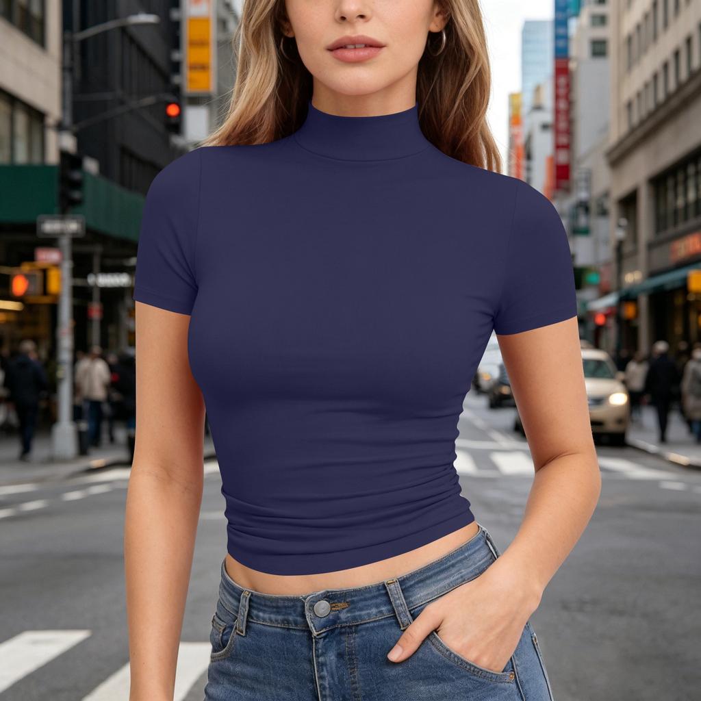 Dames T-shirt met korte mouwen, slank gesneden, met opstaande kraag, rekbaar, lichtgewicht, ademend, basic top voor dagelijks gebruik