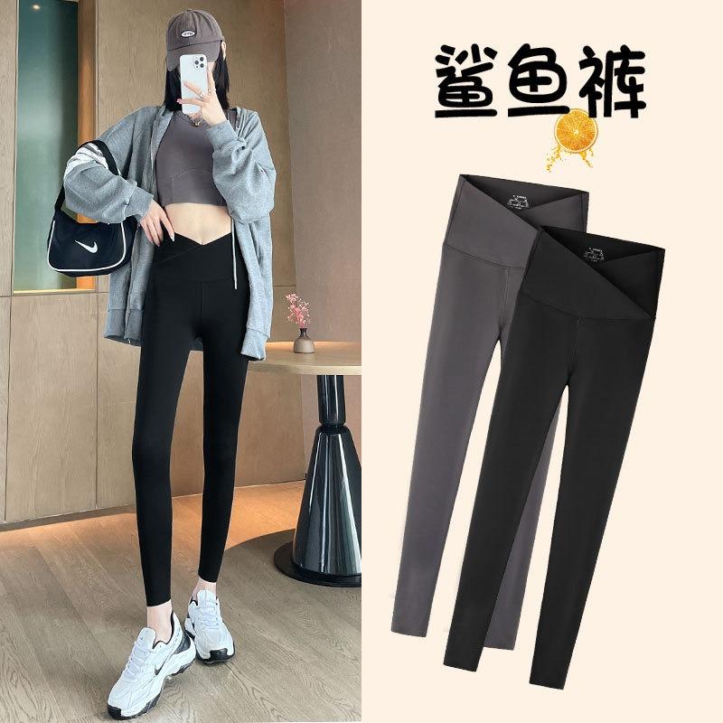 Crossed waist shark pants spring and autumn tight yoga pants high waist belly and hip lift elastic yoga pants outer wear leggings women