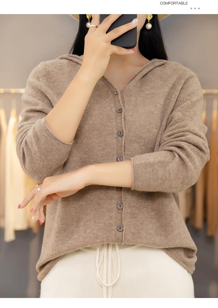 Frühling Herbst Einreiher Strick Cardigan Damen Mit Kapuze Einfarbig Pullover Mantel Locker Schlank Lässig Vielseitig Langarm Strickware