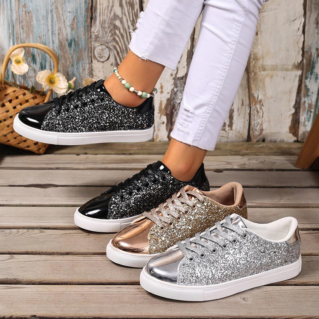 Fashion 2025 New Women Sneakers Fashion Glitter Leather Flat Shoes Big Size Shoes Woman Comfort Lace-up Casual Sneakers Zapatos De Mujer
