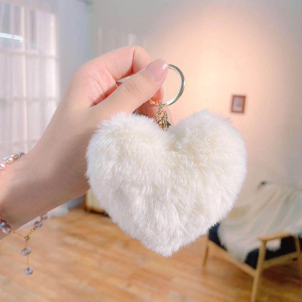 Love Heart Plush Bag Pendant Fluffy Ball Car Key Ring Imitation Rabbit Fur Solid Color Key Chain Bag Accessories