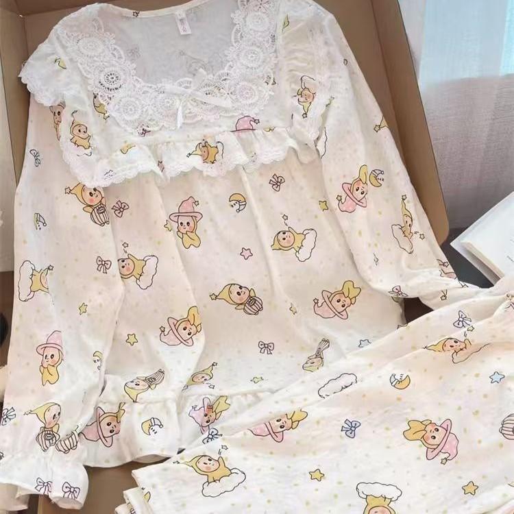 Japanese sweet cartoon star pajamas women's spring and autumn lace double long two-piece set can be worn outside loungewear