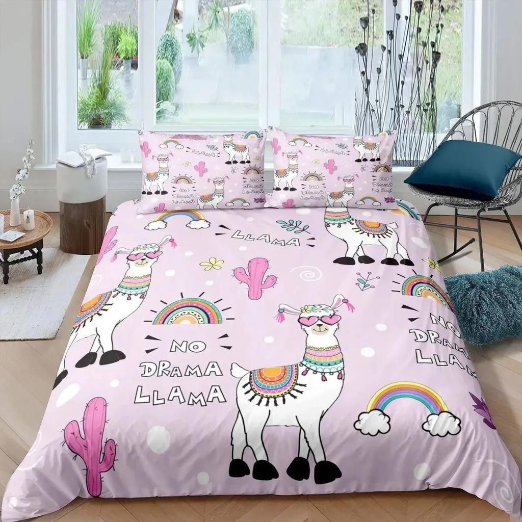 Cute Cartoon Alpaca Llama Cactus Print Duvet Cover Set Full Size, Alpaca Bedding Set Botanical Animal Comforter Cover,Multicolor
