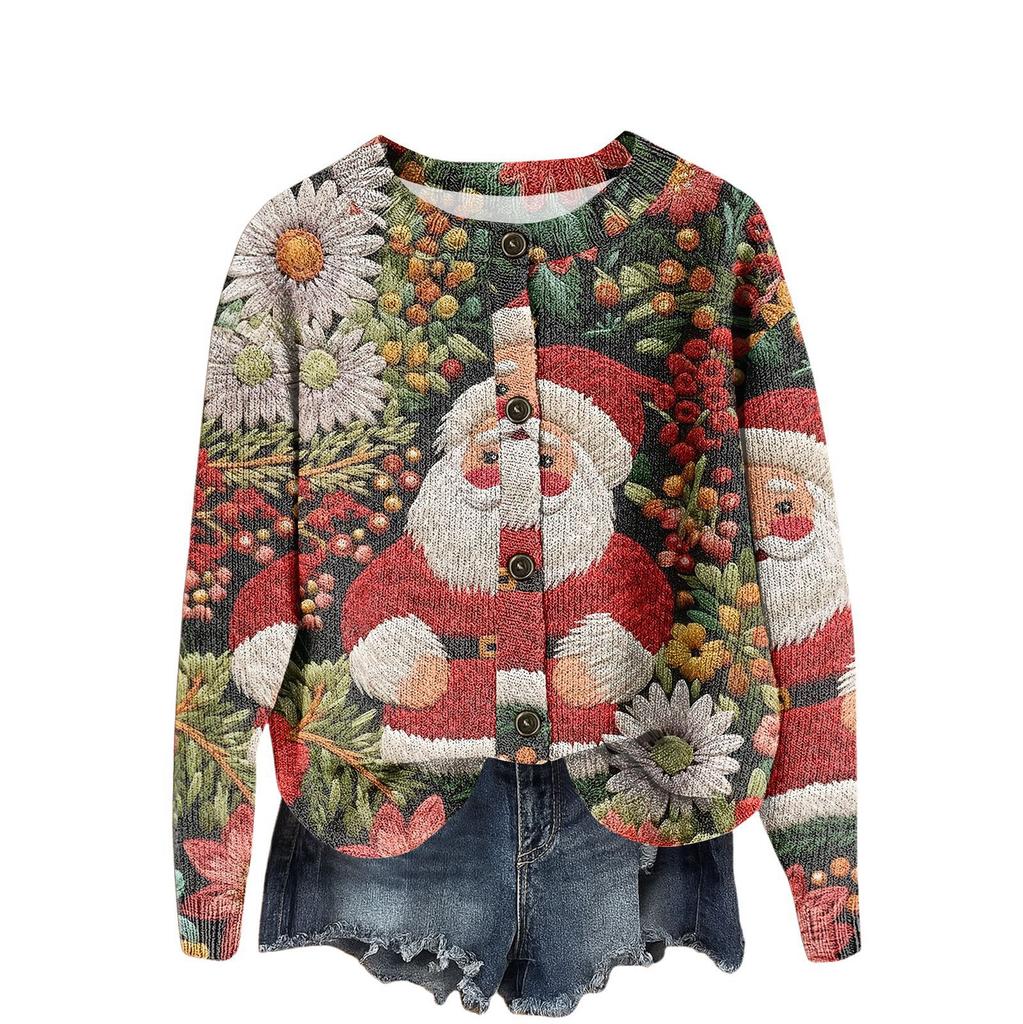 Women's Vintage Knit Button Christmas Print Cardigan Jacket