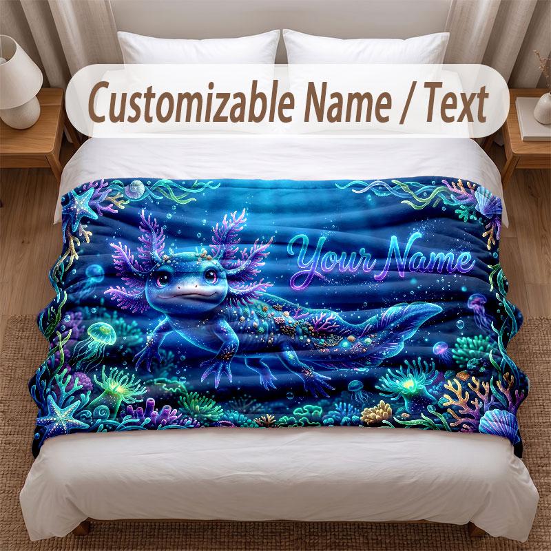 Axolotl Theme Soft Blanket Personalized Custom Name Text Print Warm Blanket Home Sofa Bedroom Decor