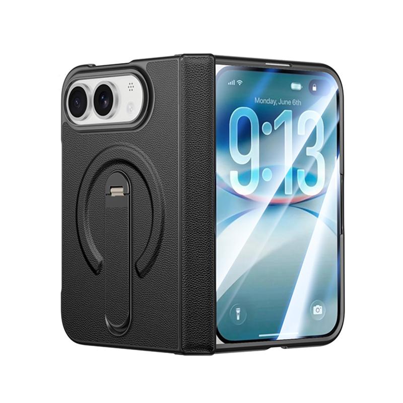 PU Leather Fold Case for IPhone DUO, MagSafe Hinge Protection, Hidden Kickstand, Built-in HD Screen Film, Wireless Charging Compatible