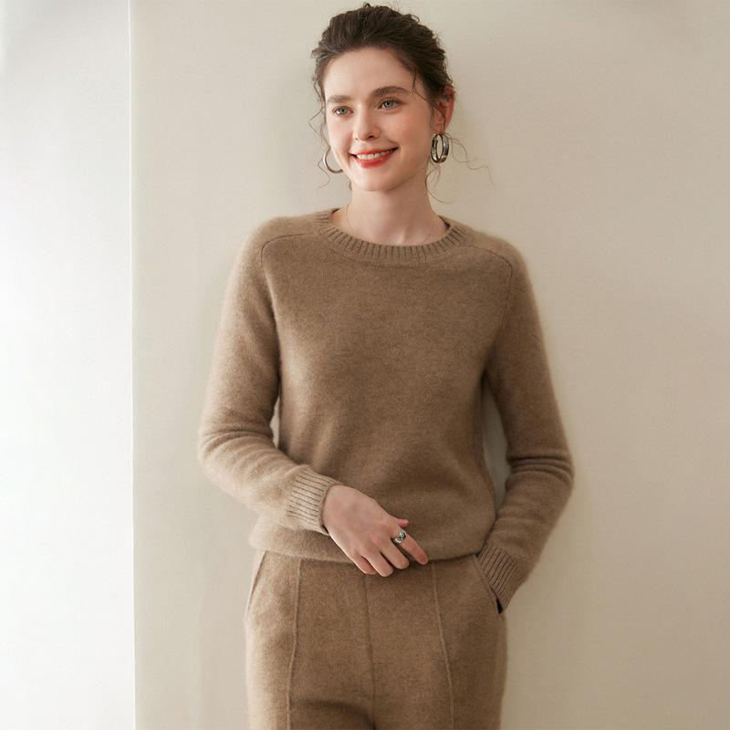 Women's Pure Cashmere Round Neck Sweater - Thickened Knit Pullover, Saddle Shoulder, Autumn/Winter Base Layer.