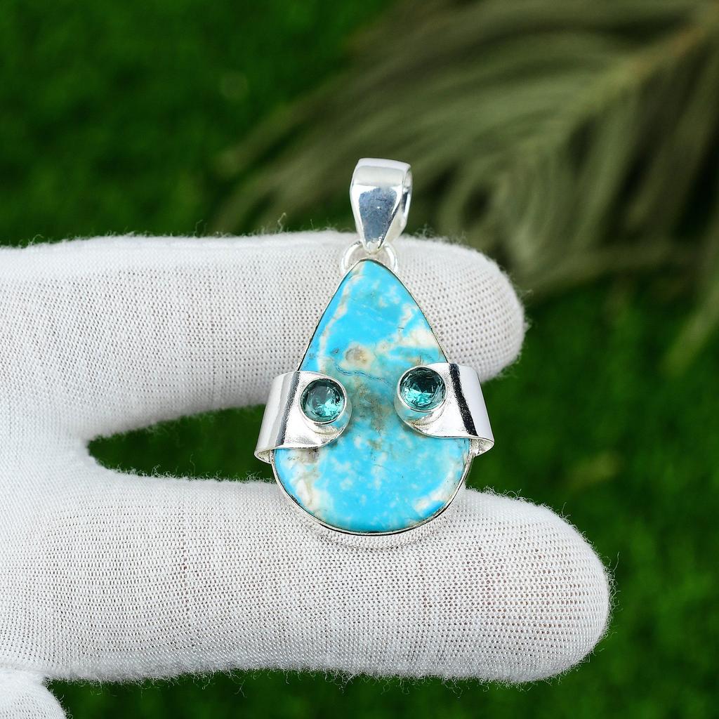 Natural Arizona Turquoise Gemstone Jewelry 925 Sterling Silver Pendant For Women
