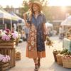 Damen Denim Patchwork Bedrucktes Lässiges Lockeres Maxikleid