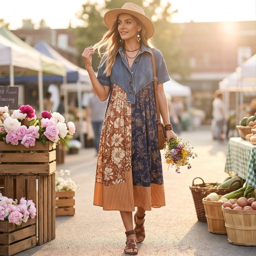Damen Denim Patchwork Bedrucktes Lässiges Lockeres Maxikleid