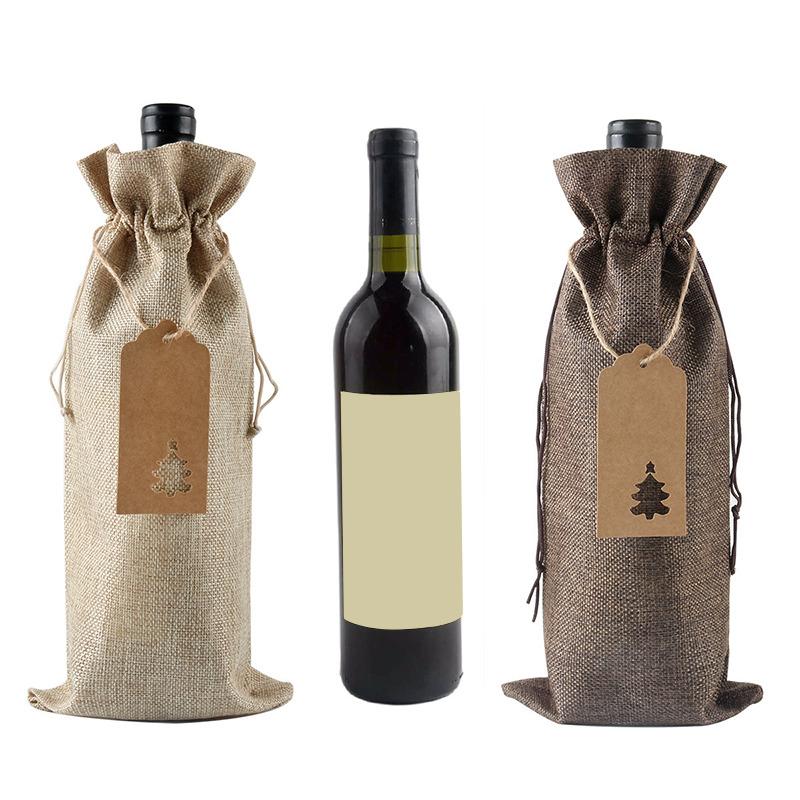 12Pcs Linen Drawstring Wine Bottle Covers With Tags and Linen Rope Dustproof Red Wine Packaging Bag Xmas Christmas Party Decor