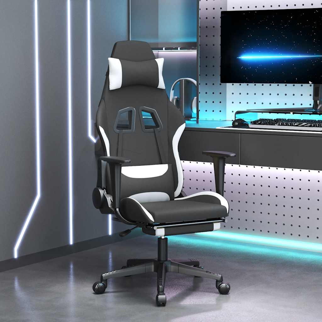 Gaming Chair with Massage Function and Footrest Black and White Fabric