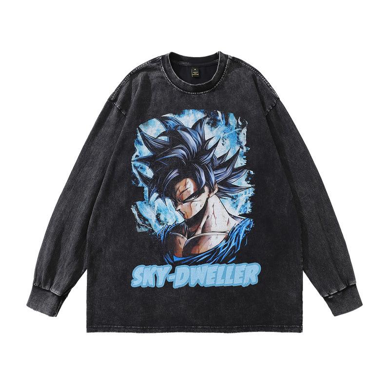 Heavy Cotton Men'S Top American Street Tide Cartoon Printing Washed Long-Sleeved T-Shirt Men And Women
