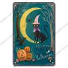 Happy Halloween Retro Poster Metal Plate Jack-O-Lantern Black Cat Witch Metal Tin Signs Vintage Halloween Party Living Room Home
