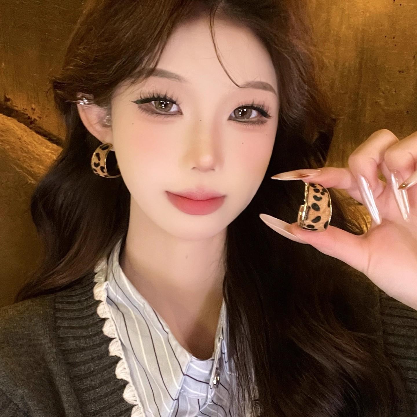 Vintage geometric wide-edged leopard print circle earrings, autumn and winter exaggerated niche earrings.