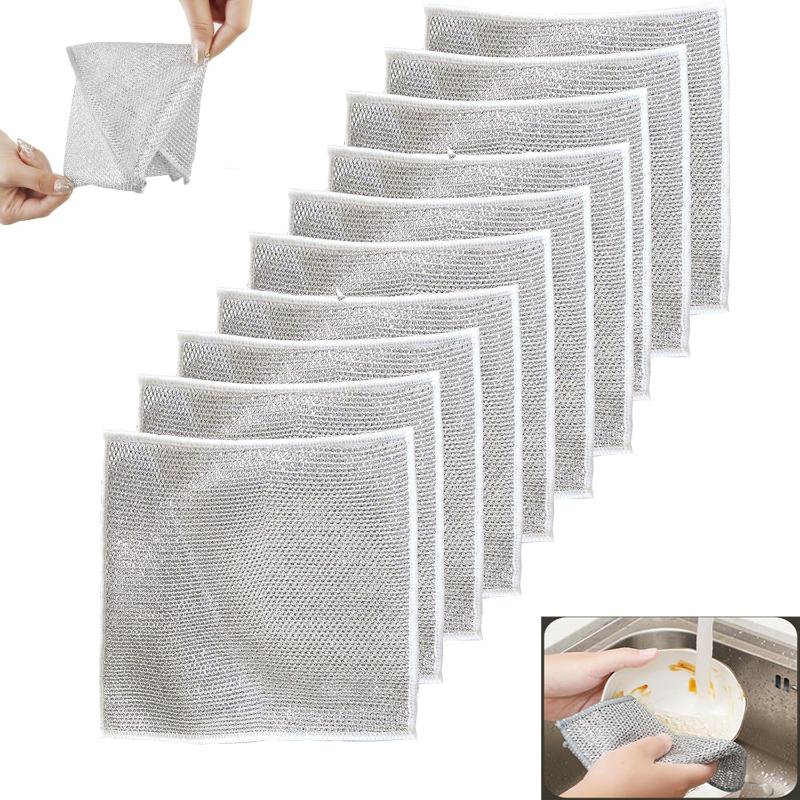 10pcs Thickened Steel Wire Cleaning Cloth Non-Scratch Double-layer Iron Microfiber Mesh Dishrag Washing Pot Rags Kitchen Towels