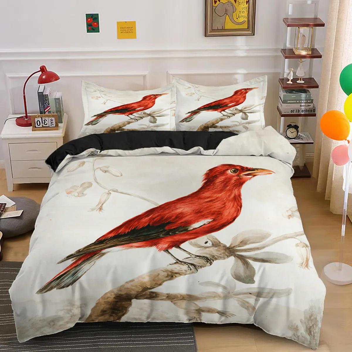 Bird Vermilion Beige Duvet Cover Pair Of Northern Cardinal Birds On A Tree Avian Wildlife Fauna Vermilion For Bedroom Decoration EU Single(135*200cm)3pcs