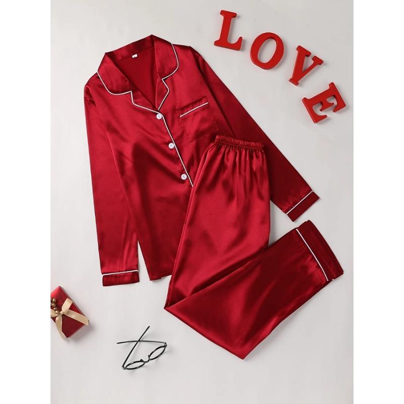 Pajama Set Long Sleeve Button Up Lapel Top & Pants Set Women's Sleepwear & Loungewear