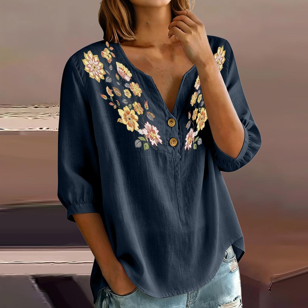 Women Floral Pattern Henley Neck Button Front Three Quarter Sleeve Linen Cotton Blend Shirt Casual Loose Fit Blouse