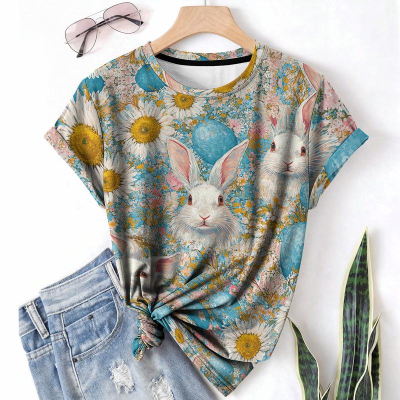 Damen Kaninchen T-Shirt Sommer Rundhals Kurzarm 3D Gedrucktes Elementmuster Lässiges Modehemd